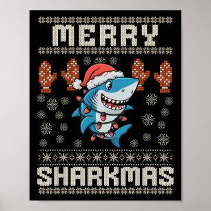 Póster Feliz Sharkmas Navidades de tiburón Nochebuena niñ