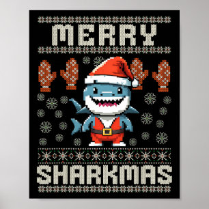 Póster Feliz Sharkmas Navidades de tiburón Nochebuena niñ
