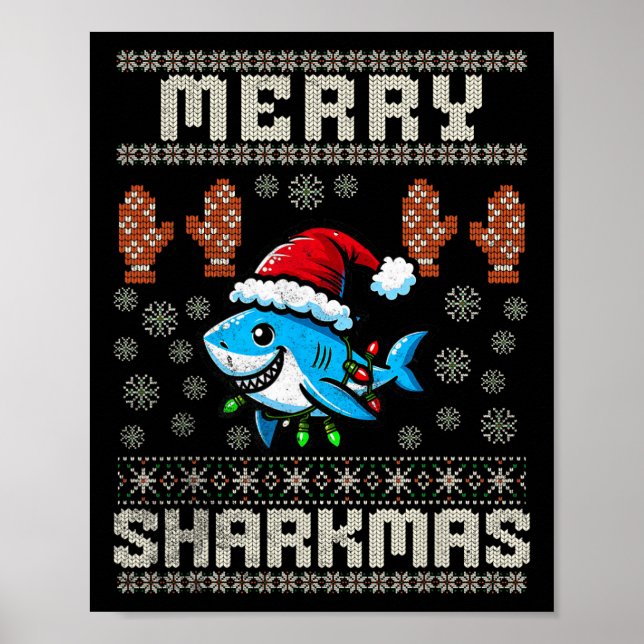 Póster Feliz Sharkmas Navidades de tiburón Nochebuena niñ (Frente)