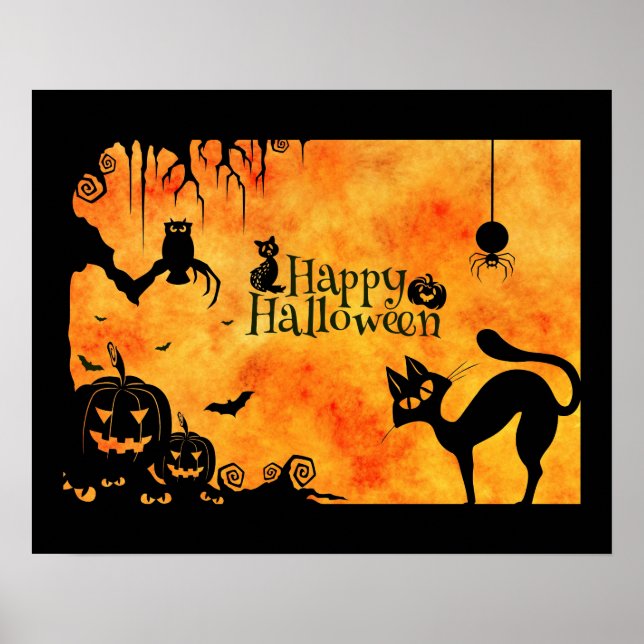 Póster Feliz silueta de Halloween gato negro y amigos (Frente)