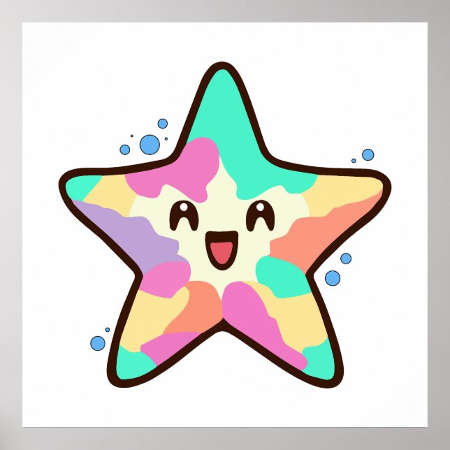 Póster Feliz sonriente bebé pez estrella con burbujas. (Frente)