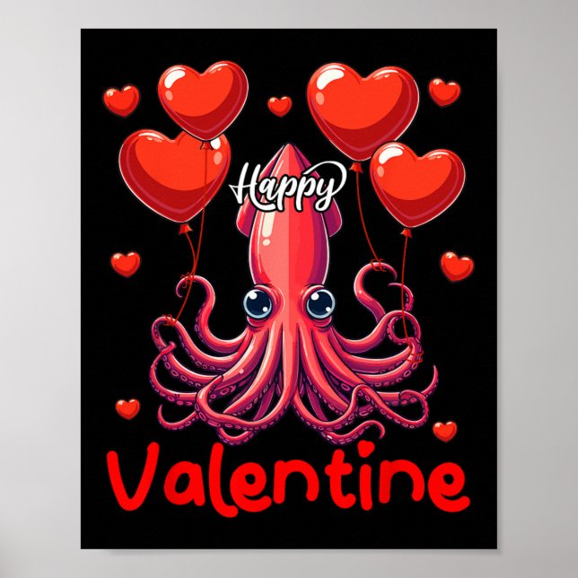 Póster Feliz Squid de San Valentín sosteniendo el corazón (Frente)