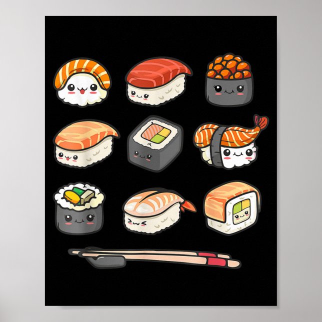 Póster Feliz sushi Anime Kawaii para que los japoneses di (Frente)