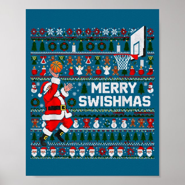 Póster Feliz Swishmas Santa Baloncesto Suéter Feo Estilo (Frente)