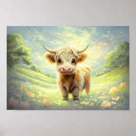 Póster Feliz Vaca De Highland Rodeada De Flores Vivas
