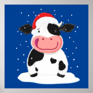 Póster Feliz Vaca Holstein En La Nieve Navidad