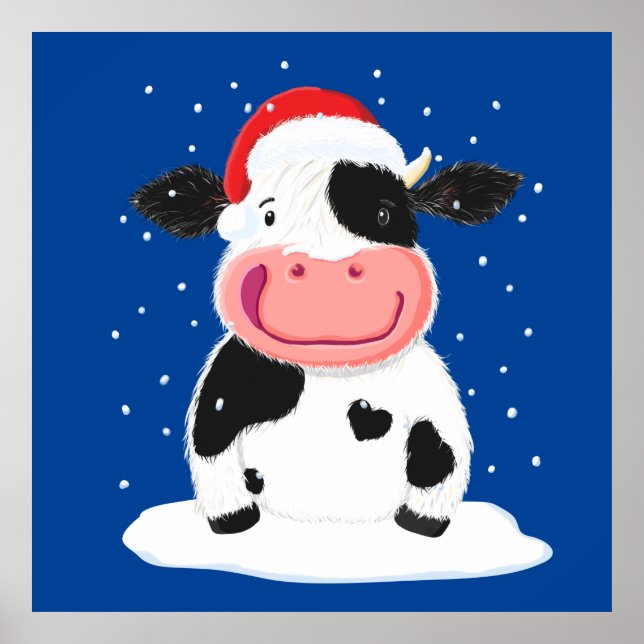 Póster Feliz Vaca Holstein En La Nieve Navidad (Frente)