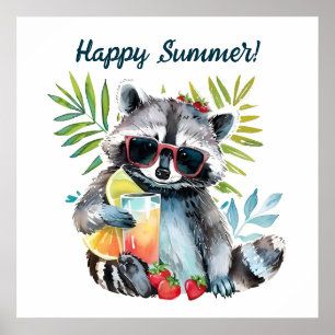 Póster Feliz verano, mapache, escalada de playa