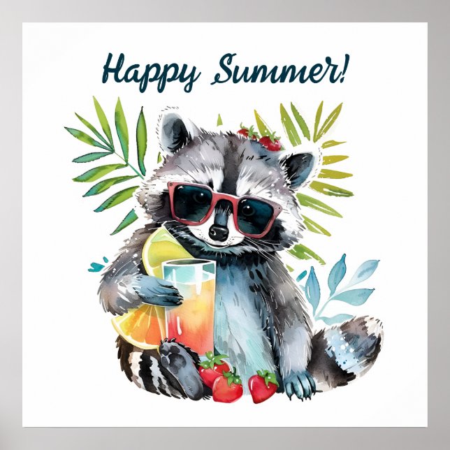 Póster Feliz verano, mapache, escalada de playa (Frente)