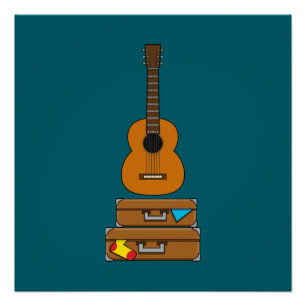 Póster Feliz viaje con equipaje y guitarra 