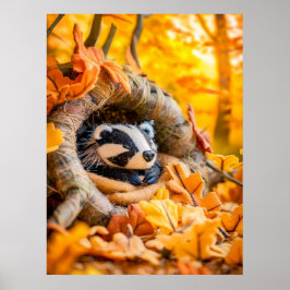 Póster Felt Badger en el bosque otoñal