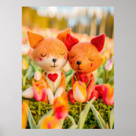 Póster Felt Fox Couple en Tulip Field