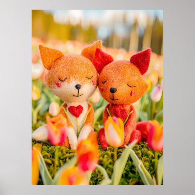 Póster Felt Fox Couple en Tulip Field (Frente)