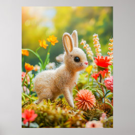 Póster Felt Hare en la colorida pradera de flores