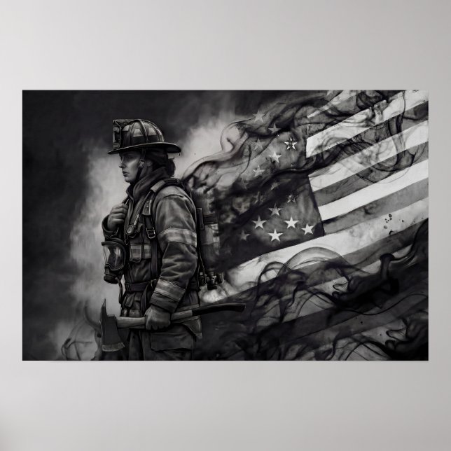 Póster Female Firefighter Smoke American Flag Tribute (Frente)