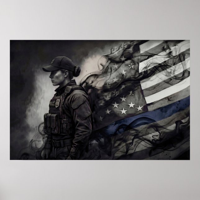 Póster Female Police Tribute Blue Line American Flag LEO (Frente)