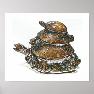 Póster Feng Shui Triple Turtle - Gold