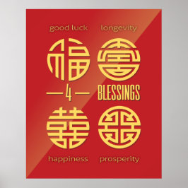 Póster Feng Shui Wall Art - Cuatro Bendiciones Rojas