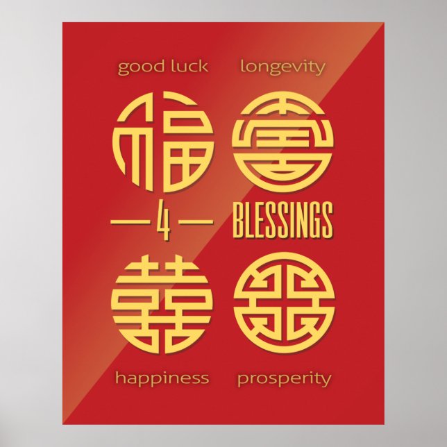 Póster Feng Shui Wall Art - Cuatro Bendiciones Rojas (Frente)