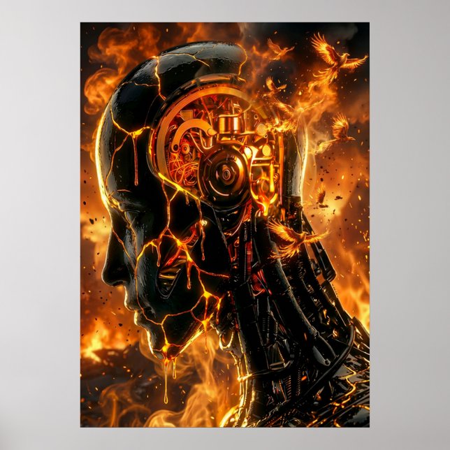 Póster Fénix Cibernético Ígneo Casco de Robot Agrietado (Frente)