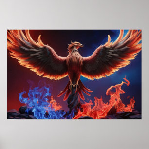 Póster Fénix de Fuego: Renacimiento en Llamas Rojas y Azu