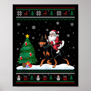 Póster Feo árbol de Navidad luz Santa Riding Doberman Pi