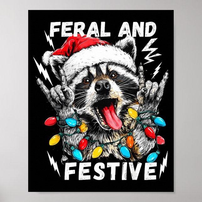 Póster Feral And Festive Funny Christmas Rocker Raccoon S (Frente)
