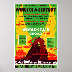 Póster Feria 1934 de mundos de Chicago en tren
