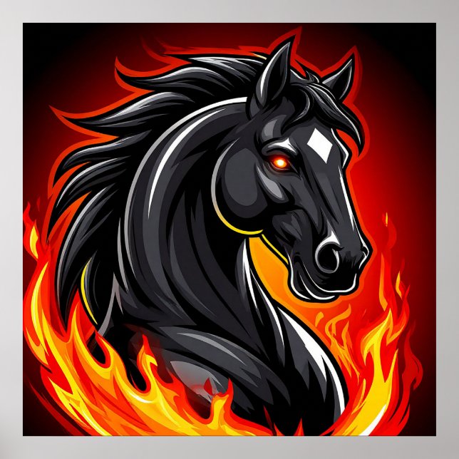 Póster Feroe Ilustracion negro de caballos con ojos brill (Frente)