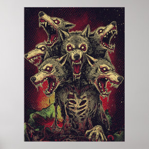 Póster Feroz bestia hombre lobo de tres cabezas
