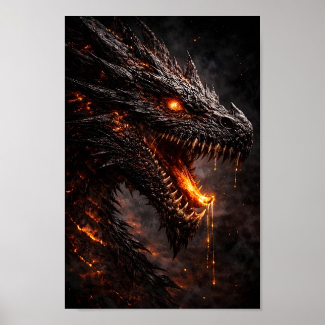 Póster Feroz Dragón de Fuego Negro con Ojo de Brasa Brill (Frente)