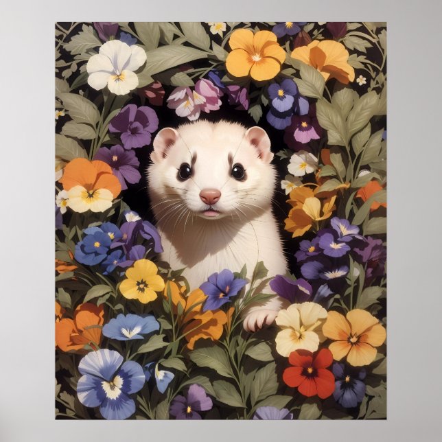 Póster Ferret Cute Enclavado En El Jardín Pansies (Frente)