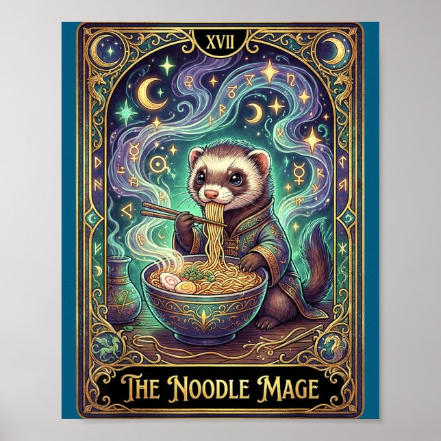 Póster Ferret Eating Ramen Tarot Card Japanese Kawaii Pet (Frente)