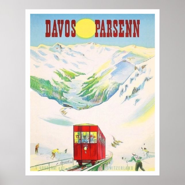 Póster Ferrocarril Davos Parsenn, tren rojo, viaje vintag (Frente)