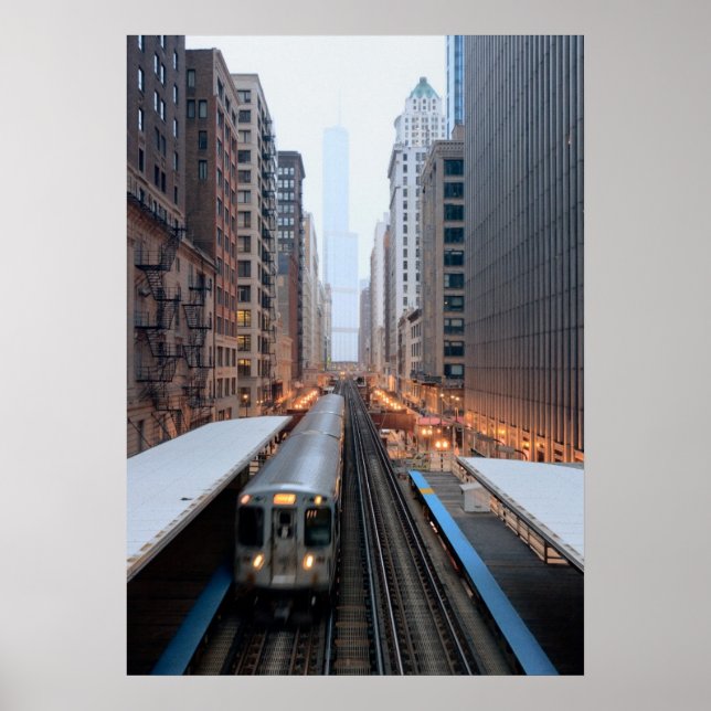 Póster Ferrocarril elevado en el centro de Chicago sobre  (Frente)