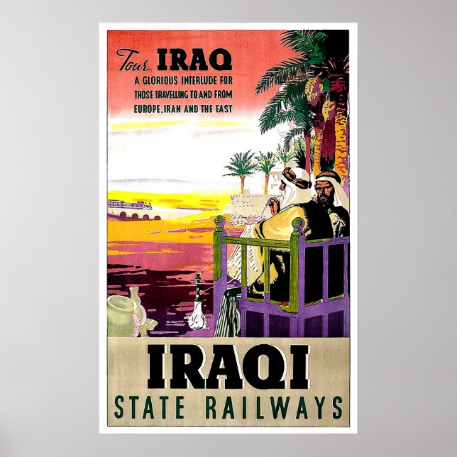 Póster ferrocarril estatal de Irak, baduines, viajes vint (Frente)