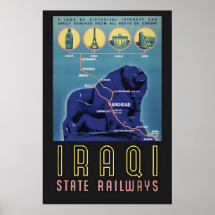Póster Ferrocarriles del Estado Iraquí Años 30 Europa a I