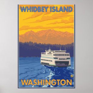 Póster Ferry and Mountains - Isla Whidbey, Washington