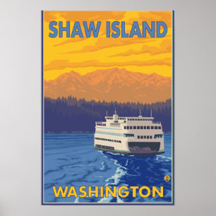 Póster Ferry and Mountains - Shaw Island, Washington