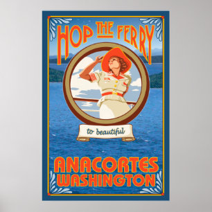Póster Ferry de una mujer en bicicleta - Anacortes Washin