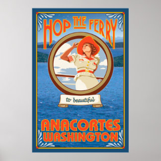 Póster Ferry de una mujer en bicicleta - Anacortes Washin