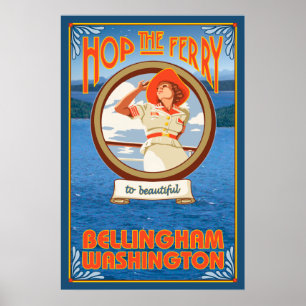 Póster Ferry de una mujer en bicicleta - Bellingham, Wash