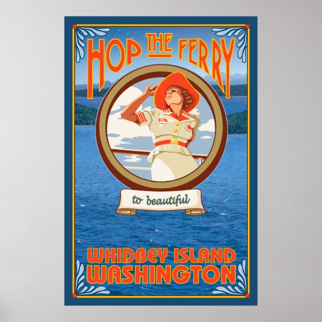 Póster Ferry de una mujer en bicicleta - Isla Whidbey, Wa (Frente)
