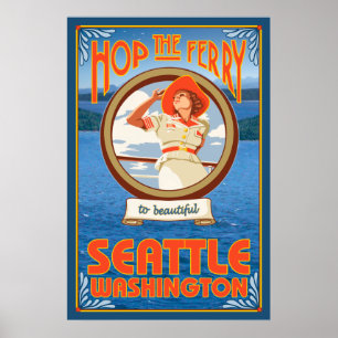 Póster Ferry de una mujer en viaje - Seattle, Washington
