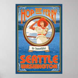 Póster Ferry de una mujer en viaje - Seattle, Washington