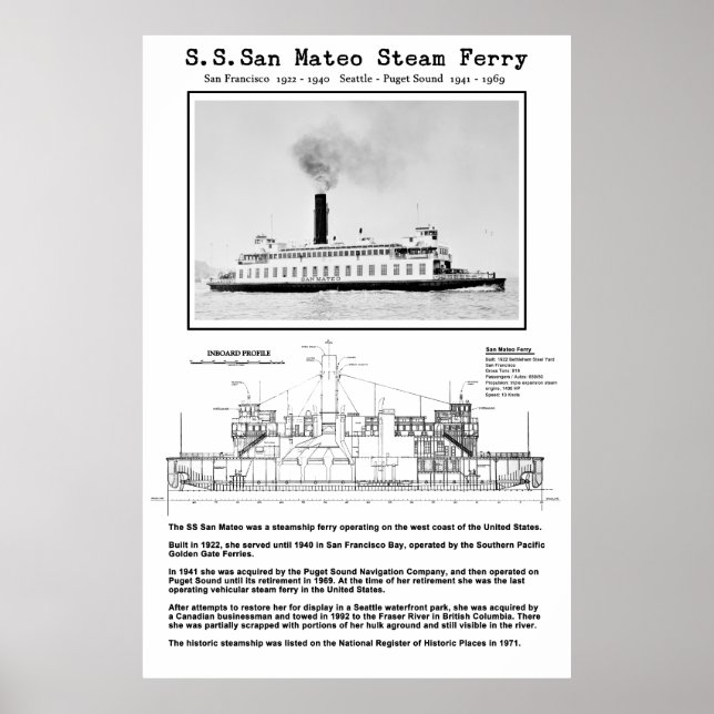 Póster Ferry de vapor SAN MATEO - 1922 - 1969 (Frente)