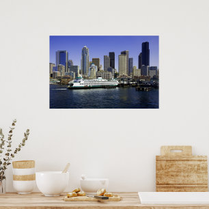 Póster Ferry y edificios del Pacífico noroeste de Seattle
