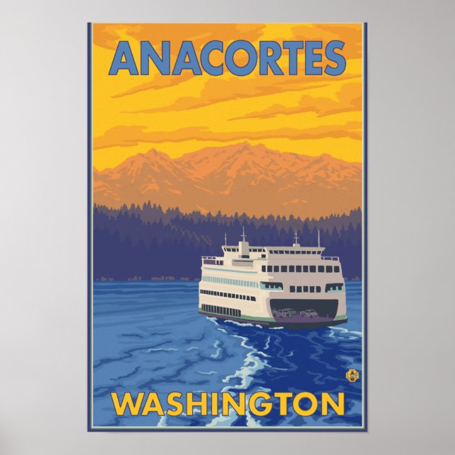 Póster Ferry y montañas - Anacortes, Washington (Frente)