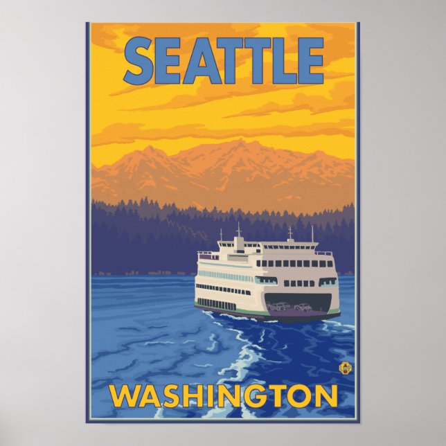 Póster Ferry y montañas - Seattle, Washington (Frente)