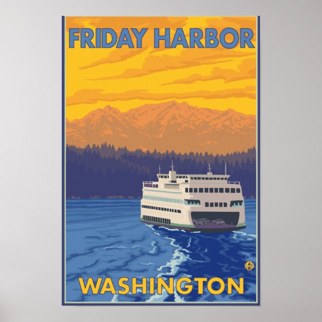 Póster Ferry y montañas - Viernes Harbour, Washington (Frente)